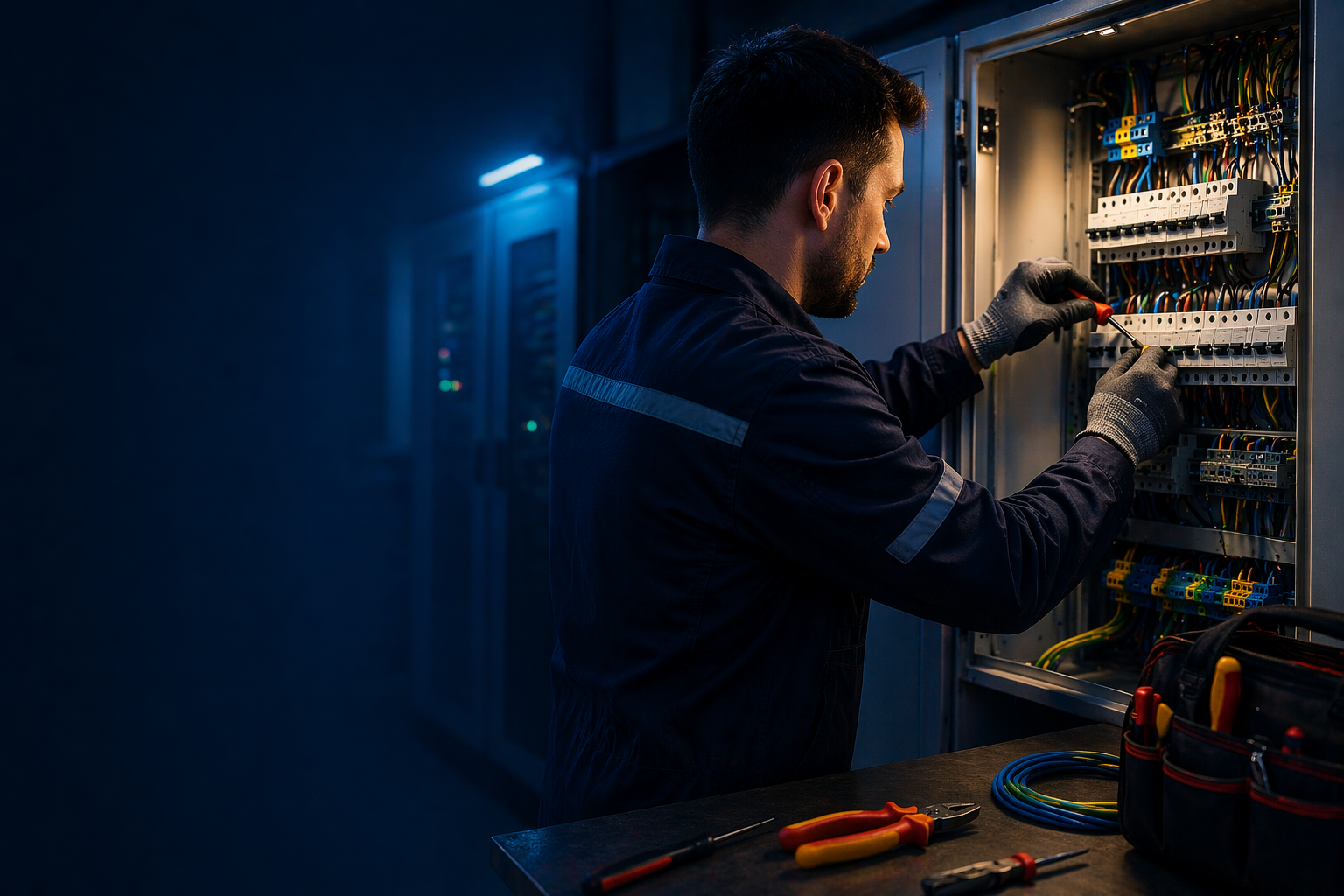 Elektriker bei der Arbeit im Kontrollraum